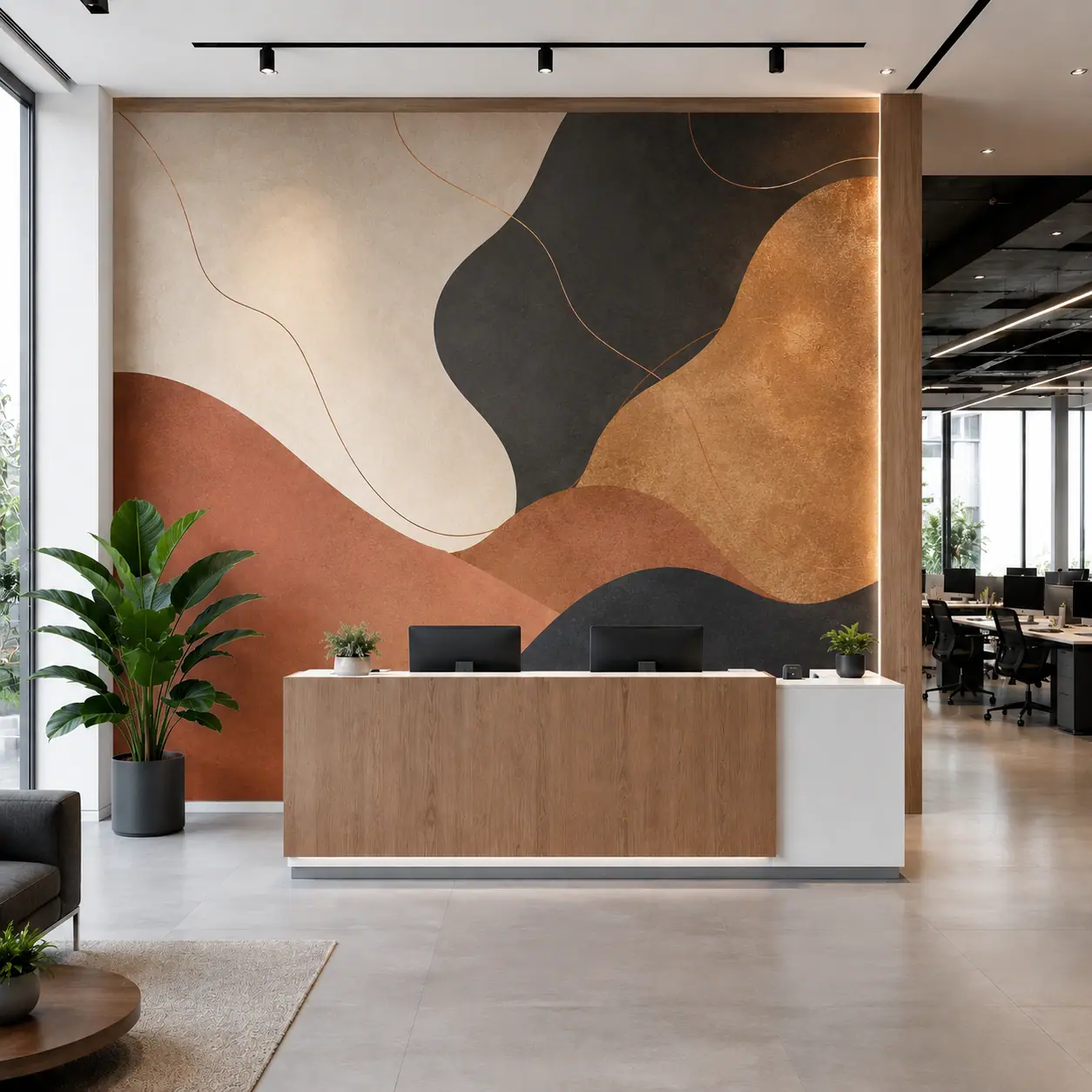 Branded architectural wall print in a modern office lobby